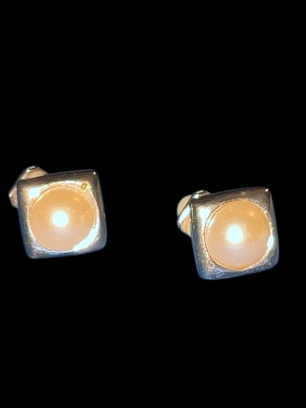 Vintage estate sale Center Square Stud Earrings - Cream and Silver